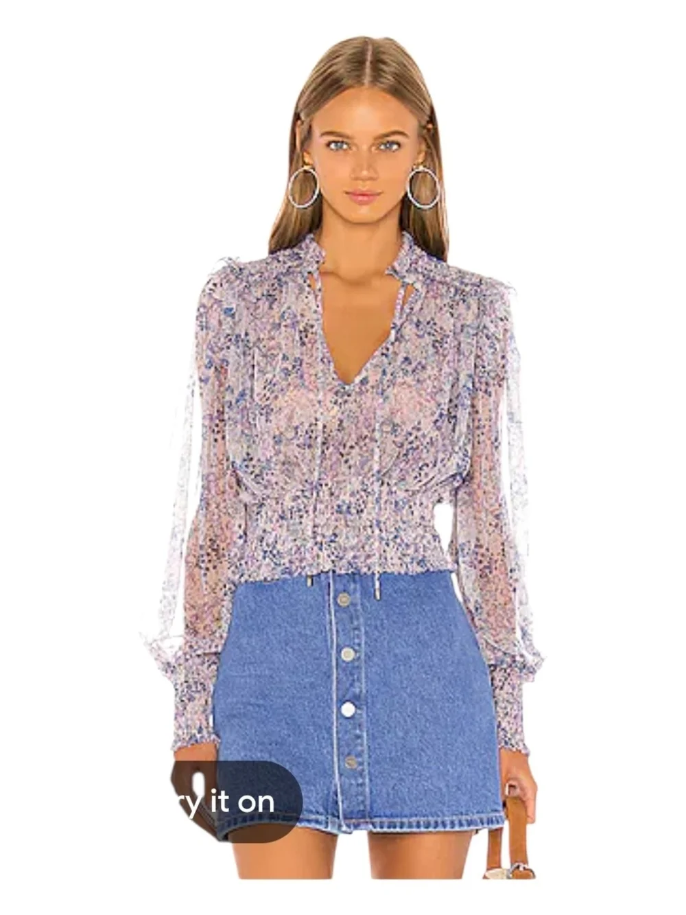 Free People Sheer Lavender Floral Ruffle Tie-Neck Blouse